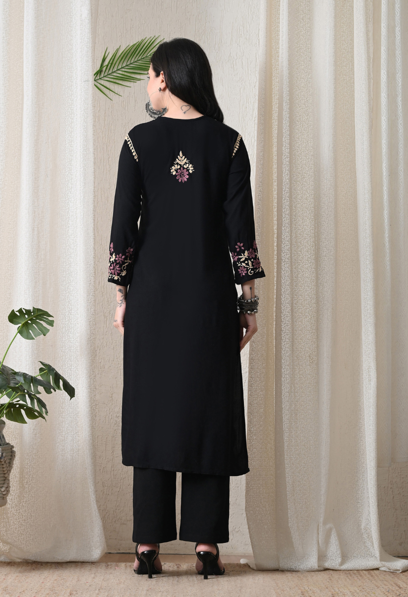 Hand Embroidered Chikankari Rayon Kurta with Floral Thread Work – Magenta