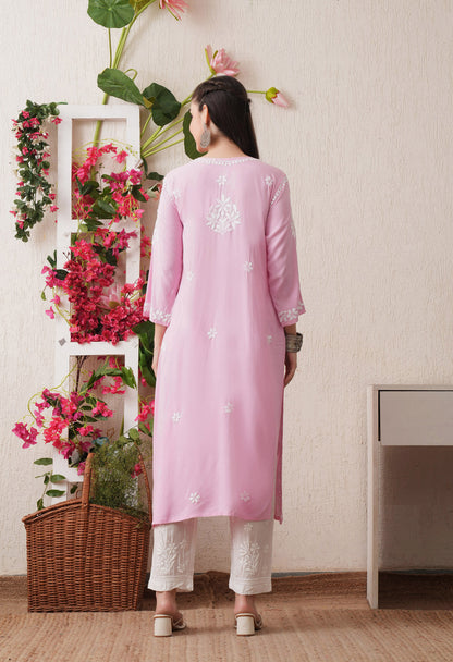 Pink-Embroidered Rayon Chikankari Straight Kurta