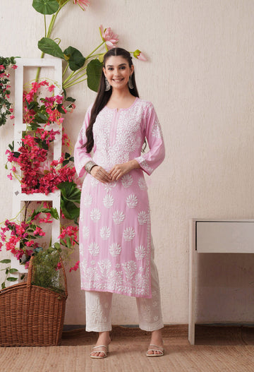 Hand-Embroidered Rayon Chikankari Straight Kurta – Pink & White