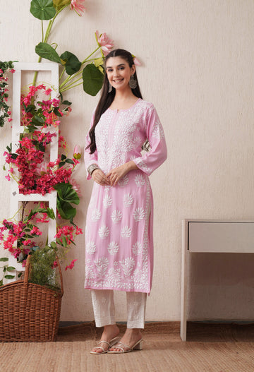 Pink-Embroidered Rayon Chikankari Straight Kurta