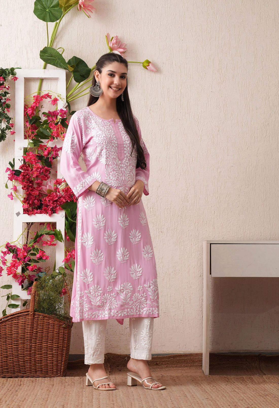 Pink-Embroidered Rayon Chikankari Straight Kurta