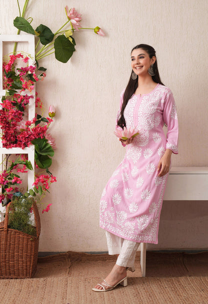 Pink-Embroidered Rayon Chikankari Straight Kurta