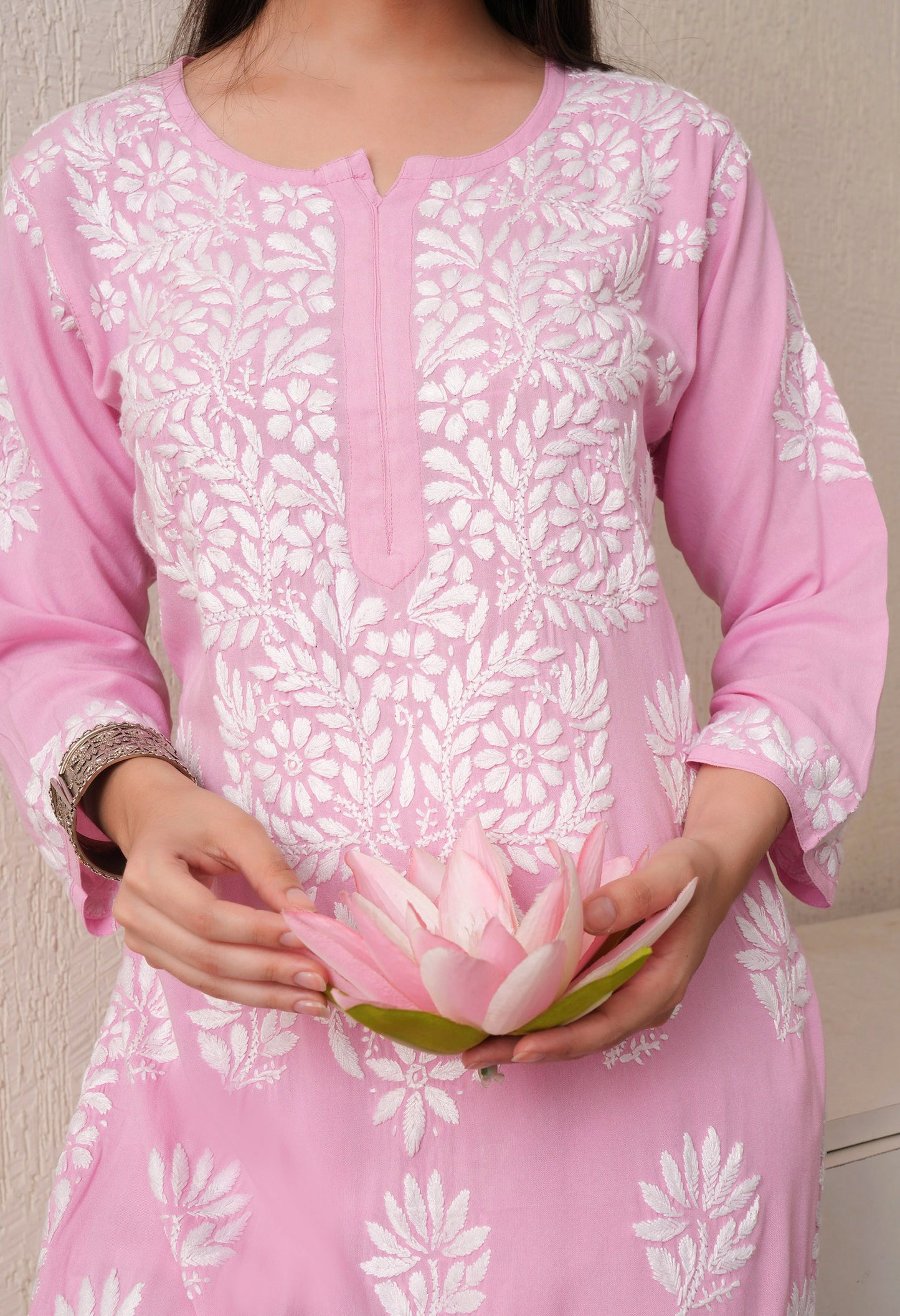 Pink-Embroidered Rayon Chikankari Straight Kurta