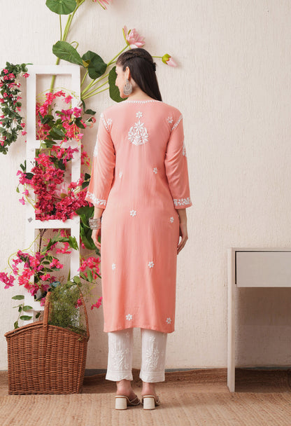 Peach-Embroidered Rayon Chikankari Straight Kurta