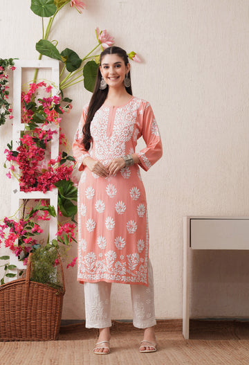 Peach-Embroidered Rayon Chikankari Straight Kurta