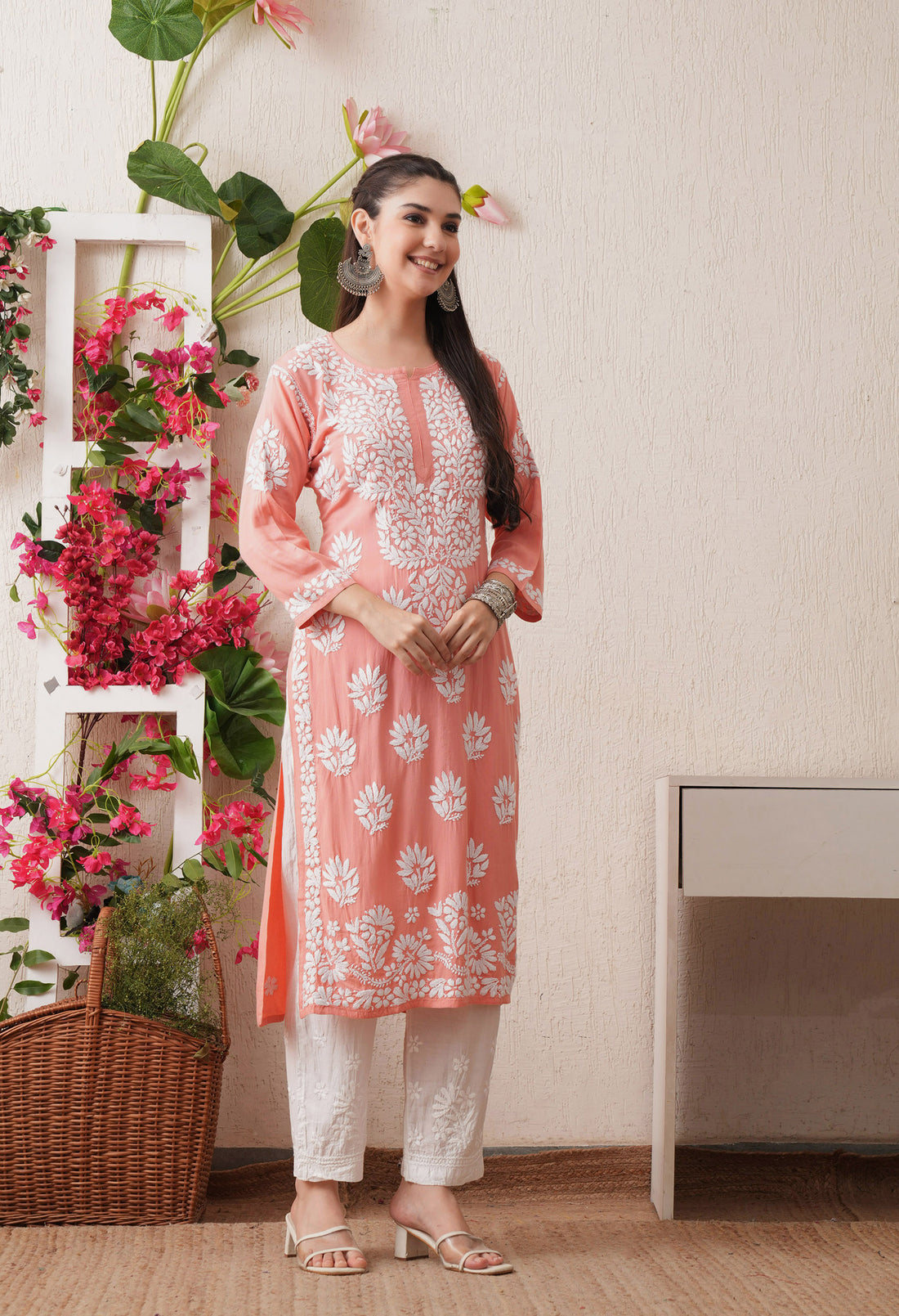 Peach-Embroidered Rayon Chikankari Straight Kurta