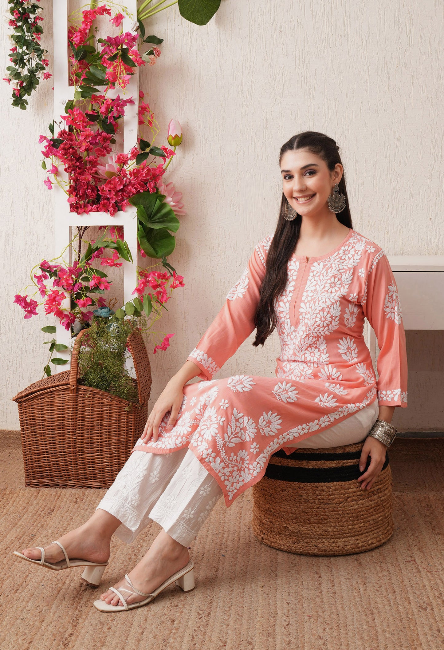 Peach-Embroidered Rayon Chikankari Straight Kurta