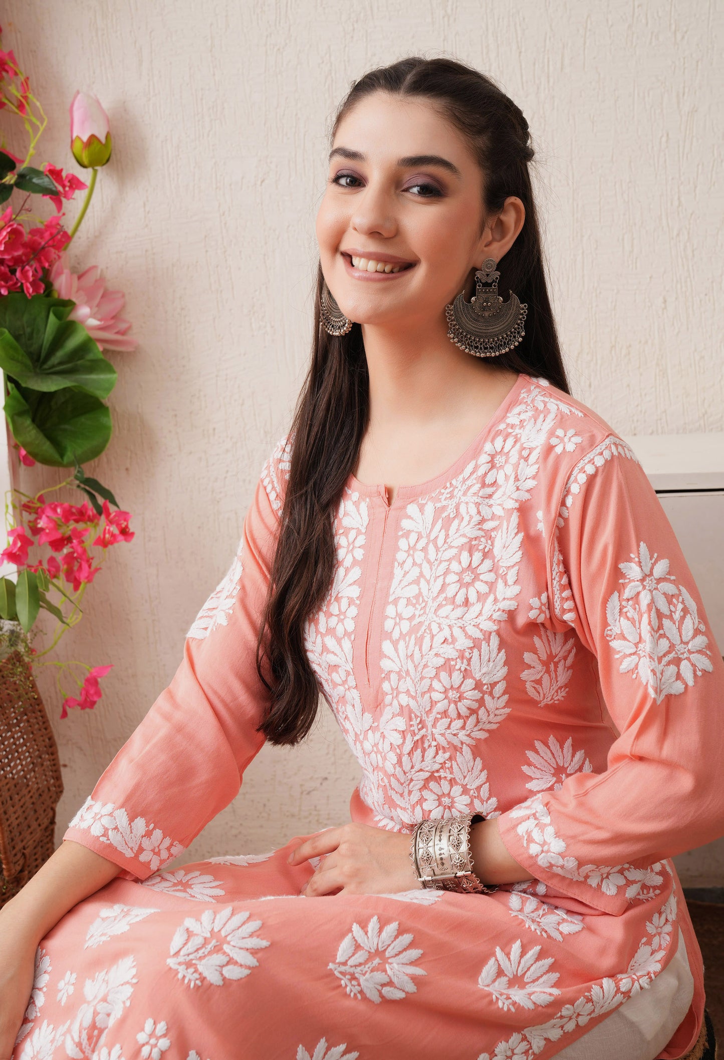 Peach-Embroidered Rayon Chikankari Straight Kurta