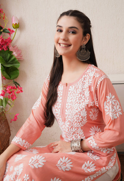 Peach-Embroidered Rayon Chikankari Straight Kurta
