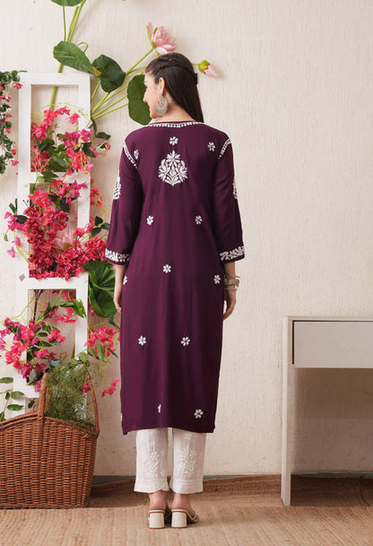 Wine-Embroidered Rayon Chikankari Straight Kurta