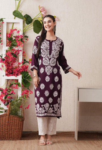 Wine-Embroidered Rayon Chikankari Straight Kurta