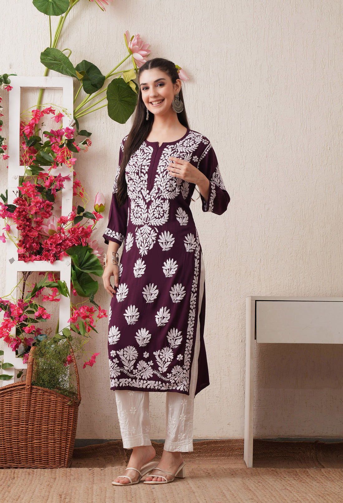 Wine-Embroidered Rayon Chikankari Straight Kurta