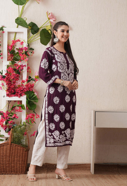 Wine-Embroidered Rayon Chikankari Straight Kurta