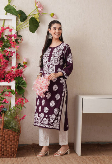Hand-Embroidered Rayon Chikankari Straight Kurta – Burgundy & White