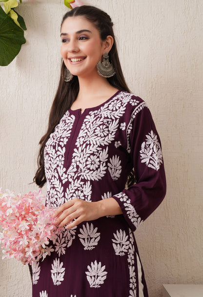 Wine-Embroidered Rayon Chikankari Straight Kurta