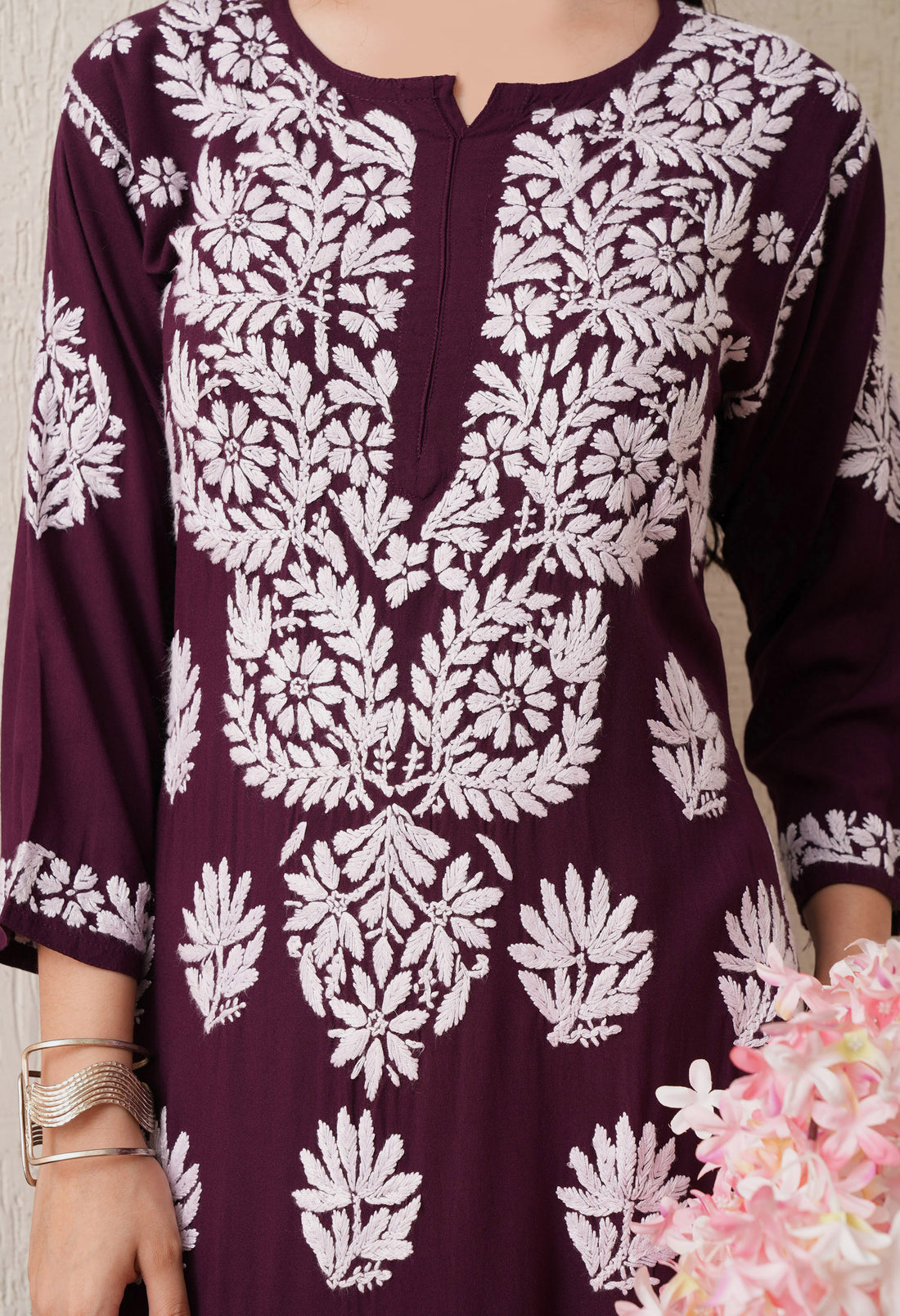 Hand-Embroidered Rayon Chikankari Straight Kurta – Burgundy & White