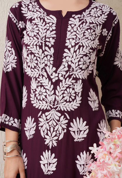 Wine-Embroidered Rayon Chikankari Straight Kurta