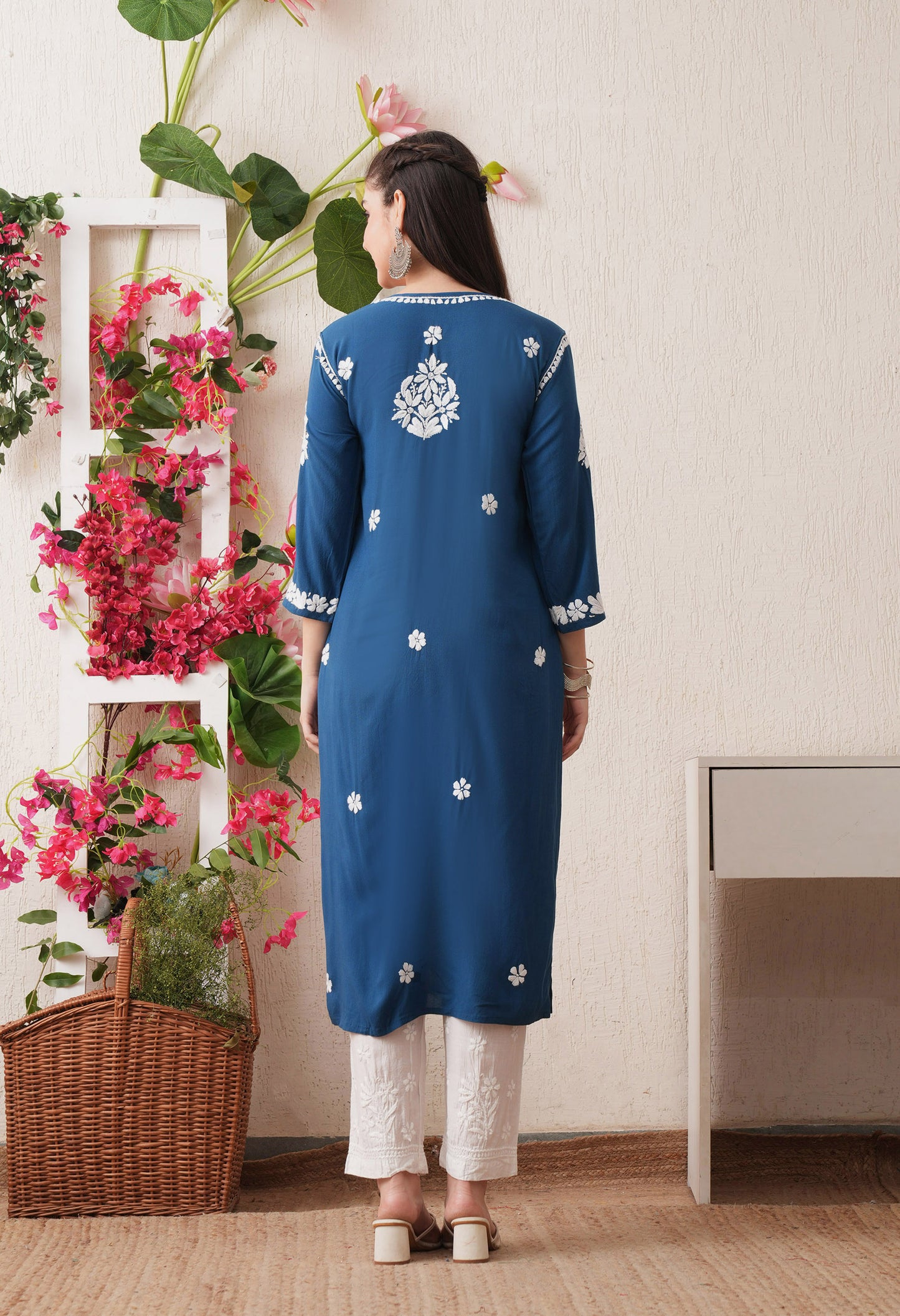 Teal Blue-Embroidered Rayon Chikankari Straight Kurta