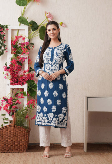 Teal Blue-Embroidered Rayon Chikankari Straight Kurta