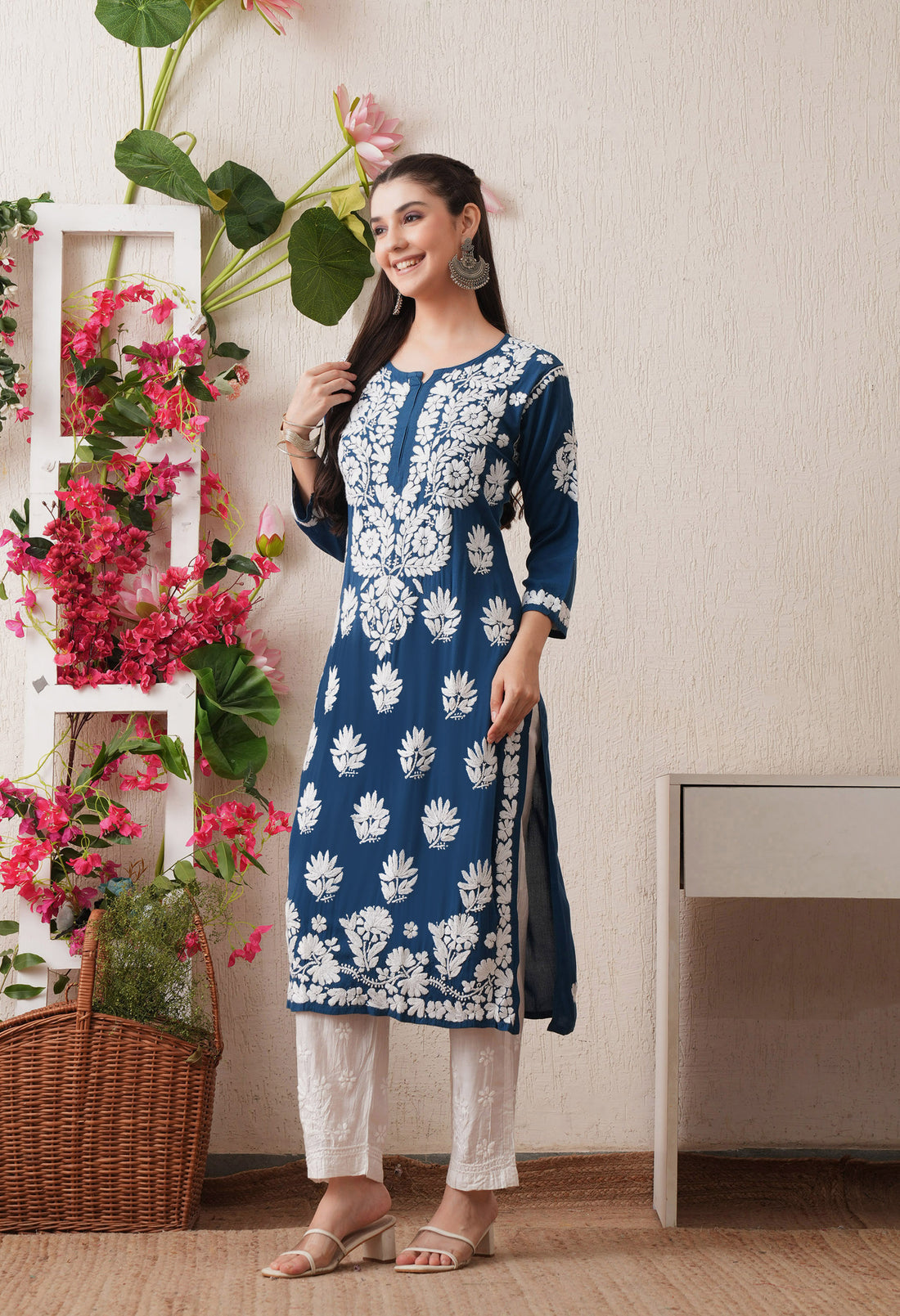 Teal Blue-Embroidered Rayon Chikankari Straight Kurta