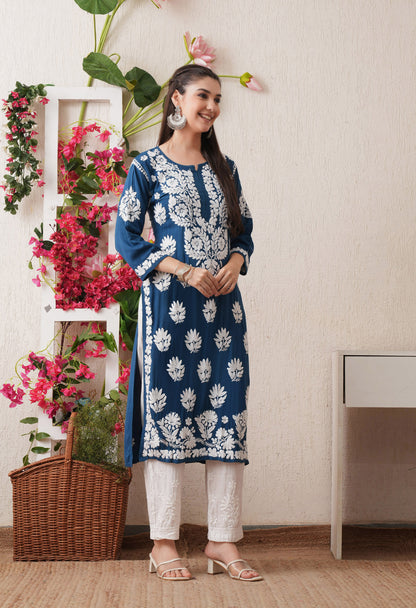 Teal Blue-Embroidered Rayon Chikankari Straight Kurta