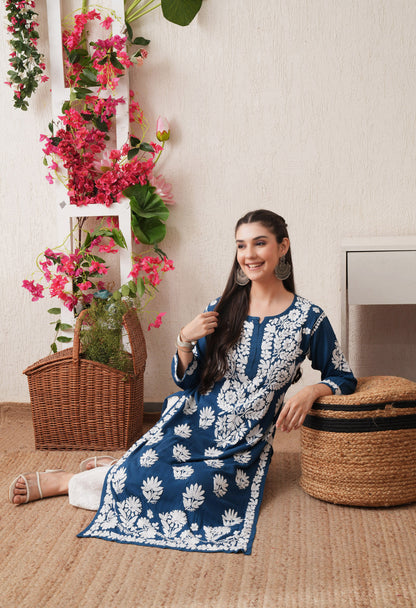 Teal Blue-Embroidered Rayon Chikankari Straight Kurta