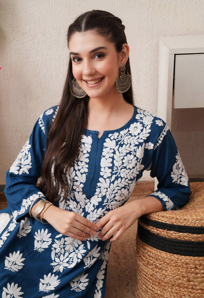 Teal Blue-Embroidered Rayon Chikankari Straight Kurta