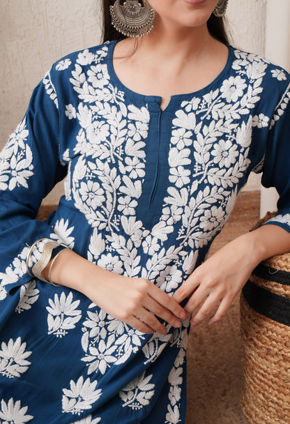 Teal Blue-Embroidered Rayon Chikankari Straight Kurta
