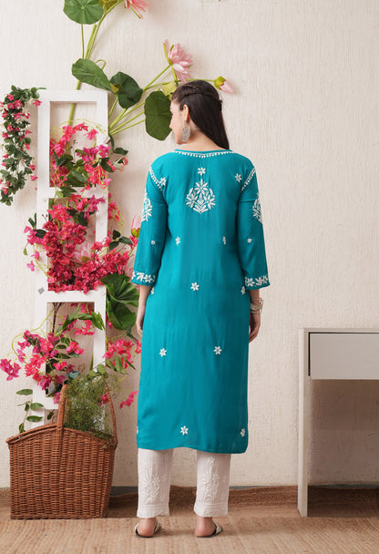 Firozi Hand-Embroidered Rayon Chikankari Straight Kurta