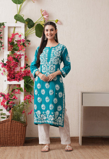 Firozi Hand-Embroidered Rayon Chikankari Straight Kurta