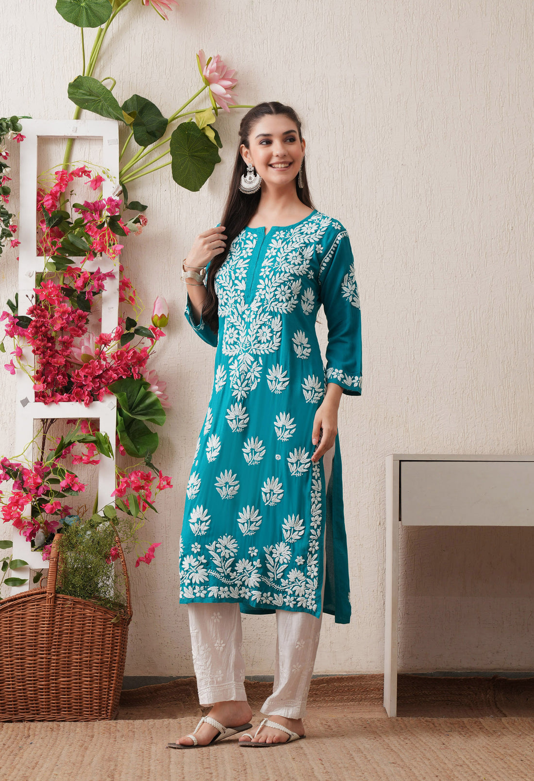 Hand-Embroidered Rayon Chikankari Straight Kurta – Blue