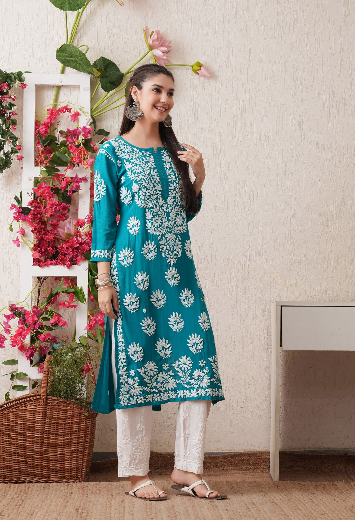 Firozi Hand-Embroidered Rayon Chikankari Straight Kurta