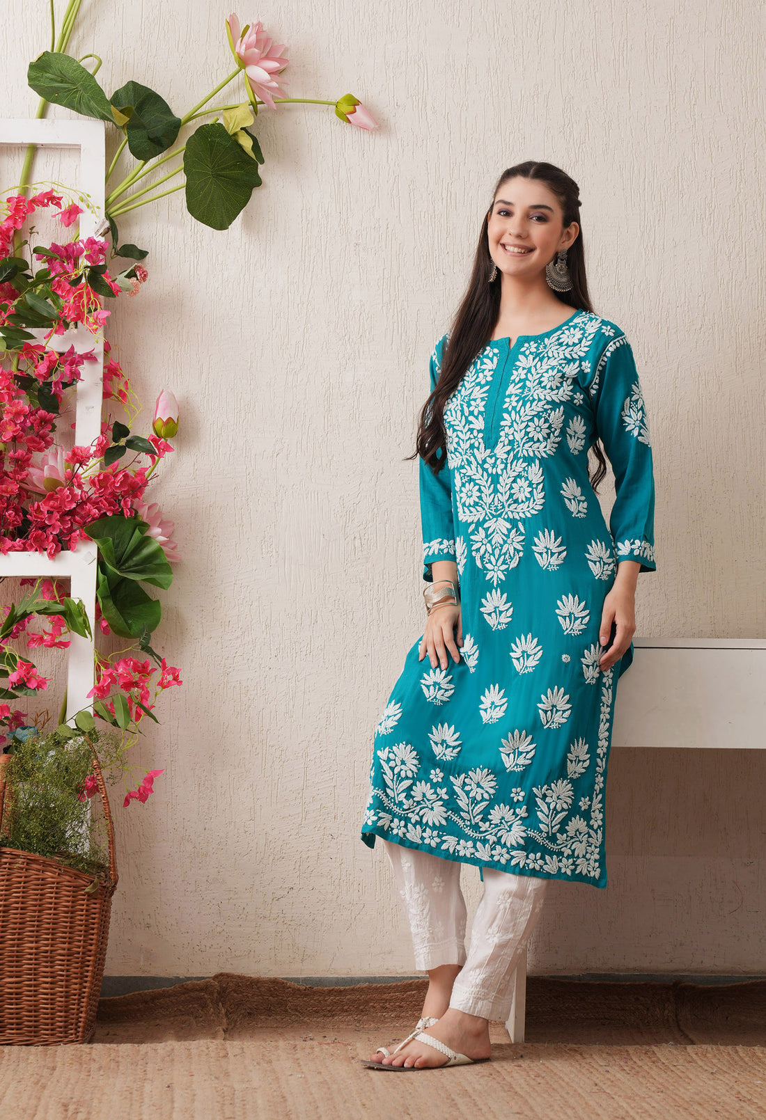 Firozi Hand-Embroidered Rayon Chikankari Straight Kurta