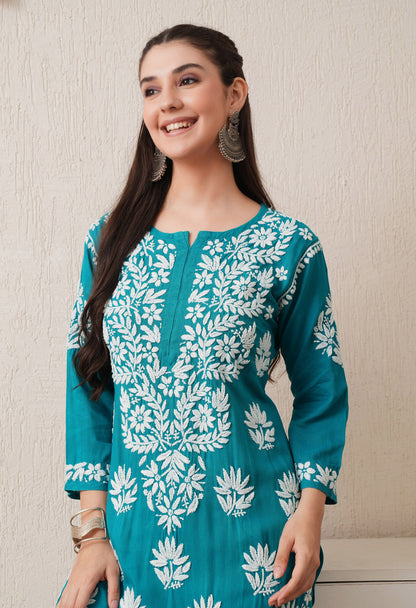 Firozi Hand-Embroidered Rayon Chikankari Straight Kurta