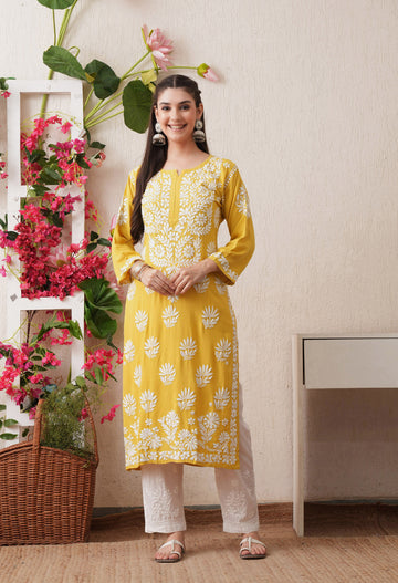 Mustard-Embroidered Rayon Chikankari Straight Kurta