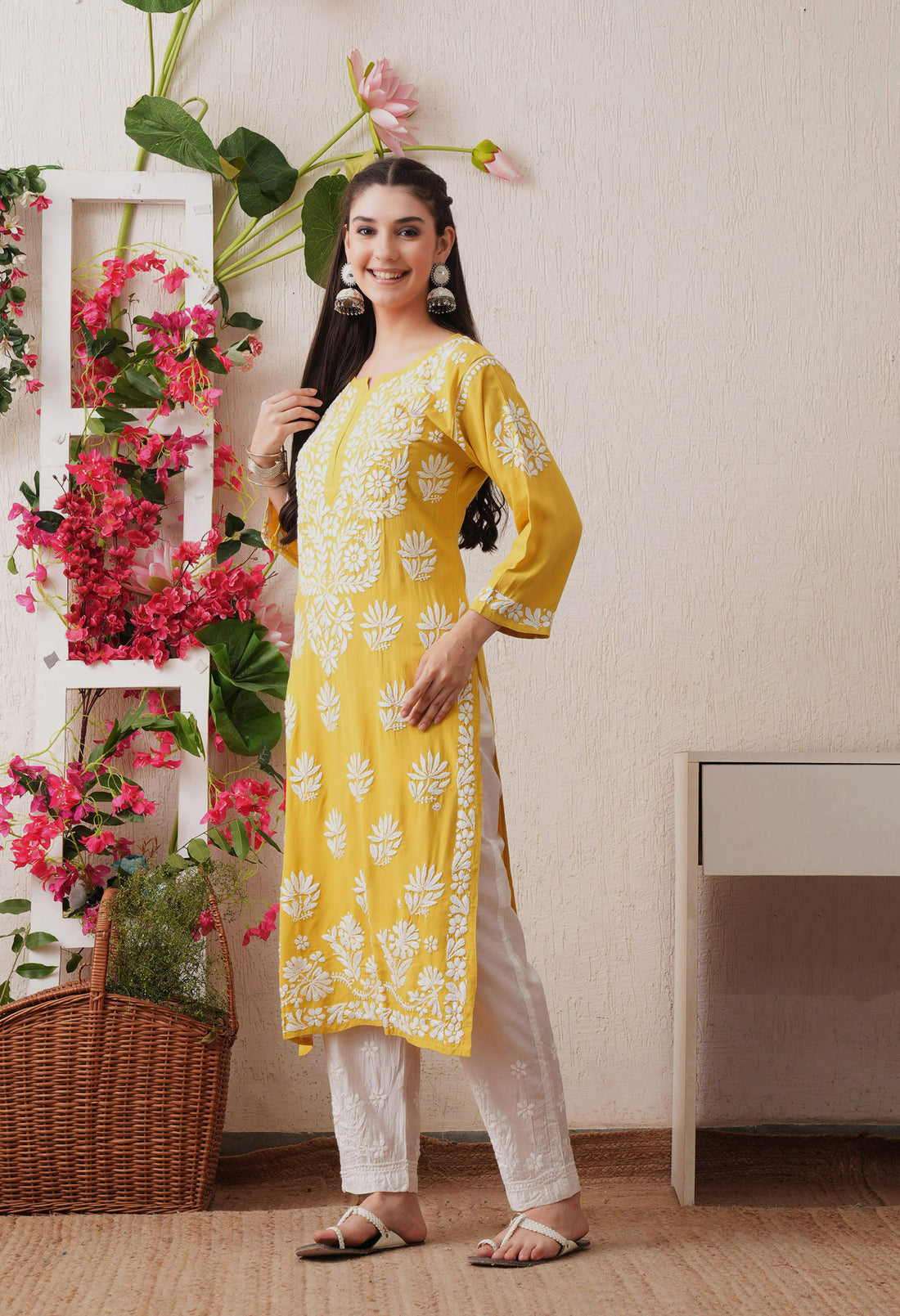 Mustard-Embroidered Rayon Chikankari Straight Kurta