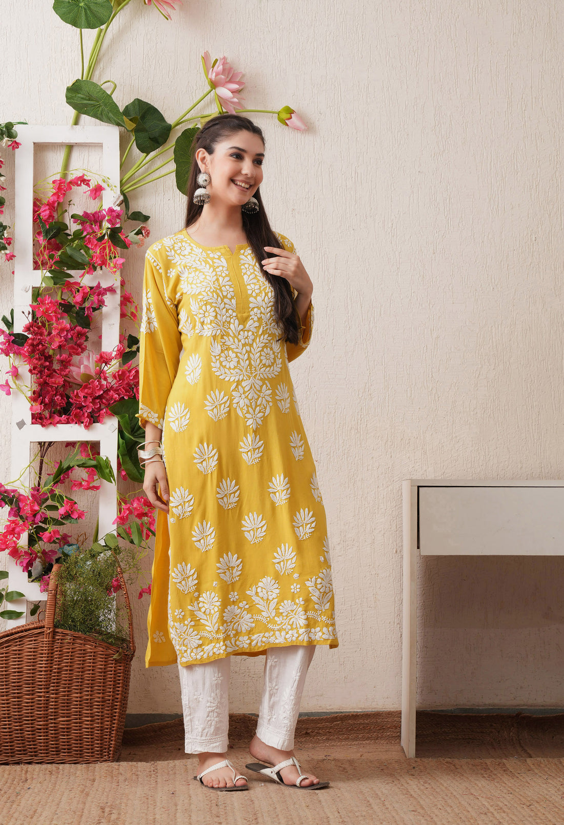 Hand-Embroidered Rayon Chikankari Straight Kurta – Yellow & White