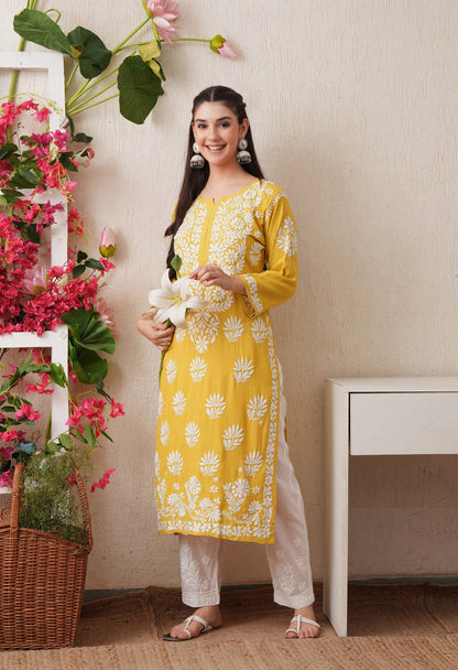 Mustard-Embroidered Rayon Chikankari Straight Kurta