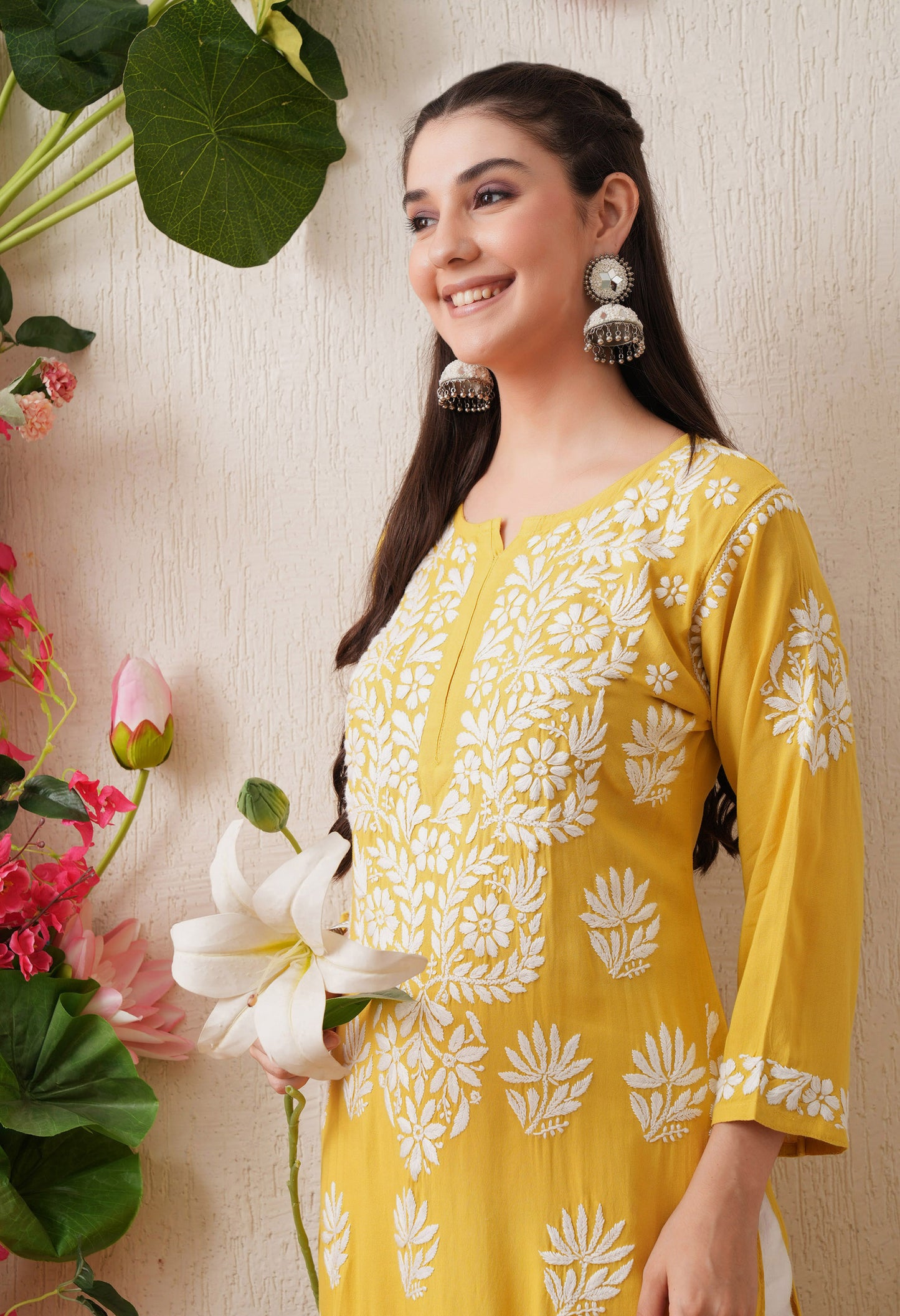 Mustard-Embroidered Rayon Chikankari Straight Kurta