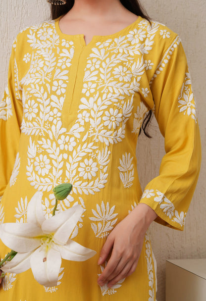 Mustard-Embroidered Rayon Chikankari Straight Kurta