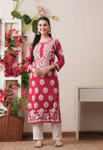Onion Pink-Embroidered Rayon Chikankari Straight Kurta