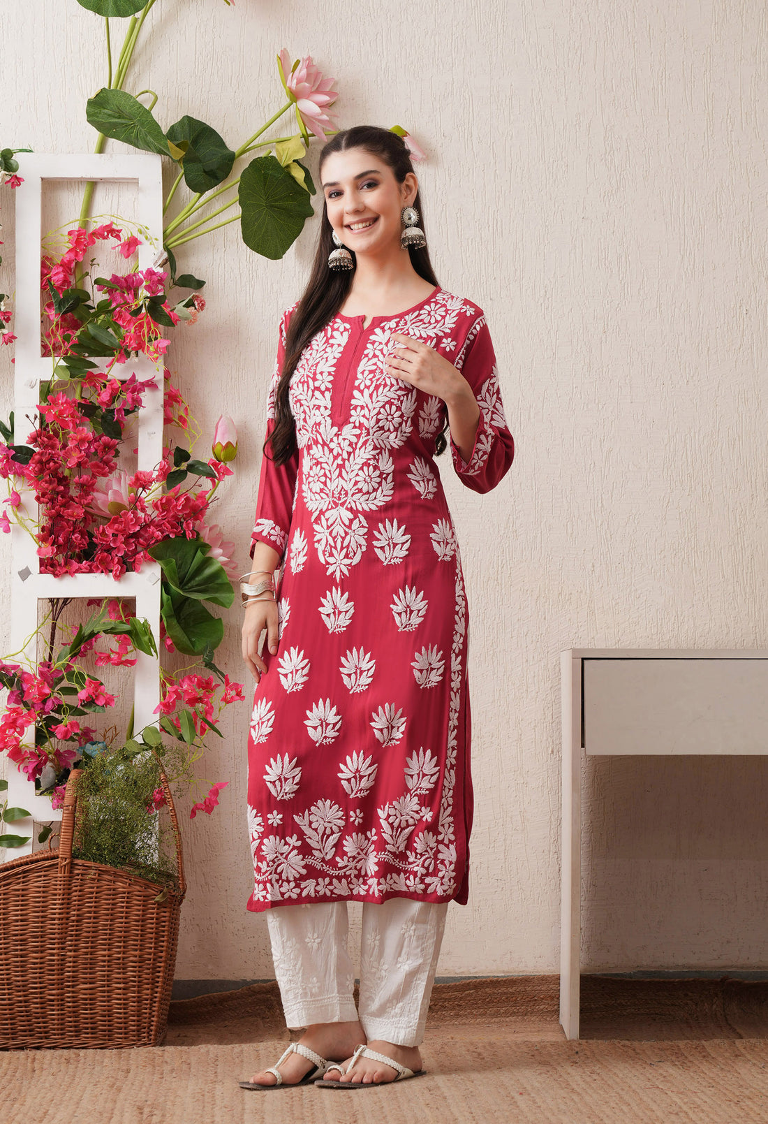 Onion Pink-Embroidered Rayon Chikankari Straight Kurta