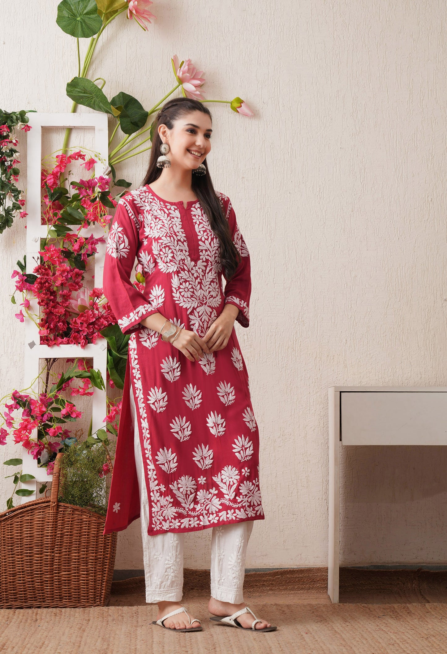 Onion Pink-Embroidered Rayon Chikankari Straight Kurta
