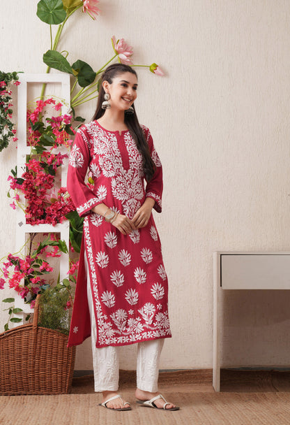Onion Pink-Embroidered Rayon Chikankari Straight Kurta