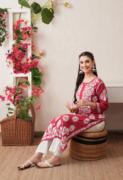 Onion Pink-Embroidered Rayon Chikankari Straight Kurta