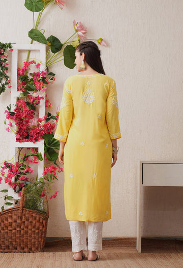 Yellow -Embroidered Rayon Chikankari Straight Kurta