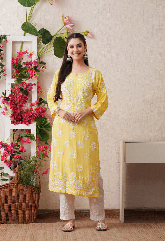 Yellow -Embroidered Rayon Chikankari Straight Kurta