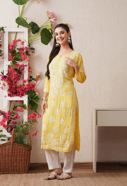 Yellow -Embroidered Rayon Chikankari Straight Kurta