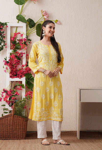 Yellow -Embroidered Rayon Chikankari Straight Kurta