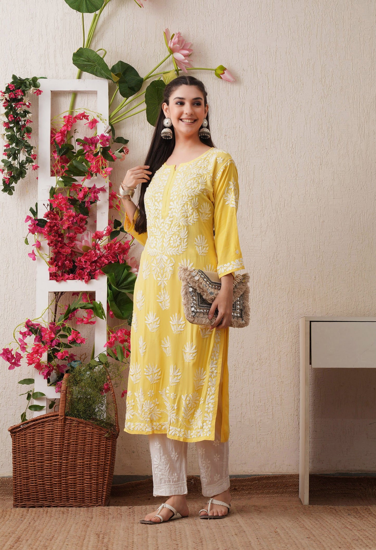 Yellow -Embroidered Rayon Chikankari Straight Kurta